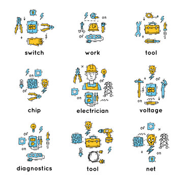 Equipment and tools electrician. Professional. Isolate icons. Hand drawn vintage style. Flat design vector illustration.