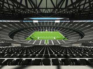 3D render of a round football stadium with black seatsnd VIP boxes a