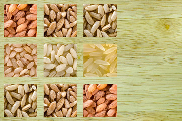 Collage consisting of different rice grains such as brown, rose, wild, arborio, basmati. Food background. Healthy lifestyle concept. Closeup macro shot.