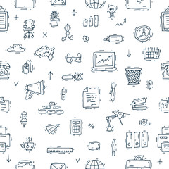 Office. Seamless pattern. Business, office work, workplace.Banners. Hand drawn vintage style. Flat design vector illustration.