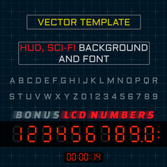 Background, font and LCD numbers for Heads-Up Display - HUD. Sci-Fi User Interface.