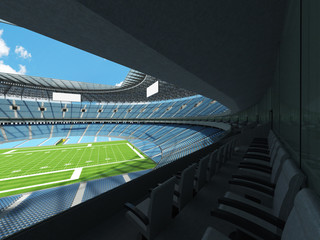 3D render of a round football stadium with sky blue seats and VIP boxes