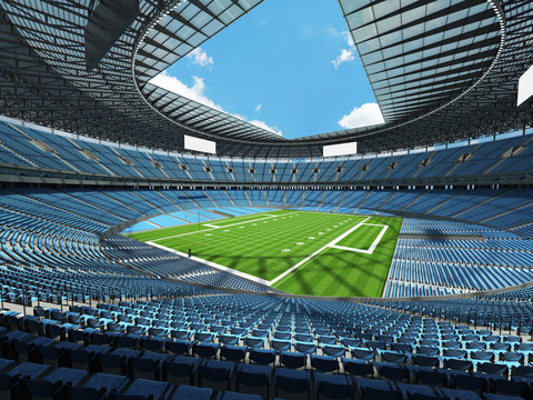 3D render of a round football stadium with sky blue seats and VIP boxes
