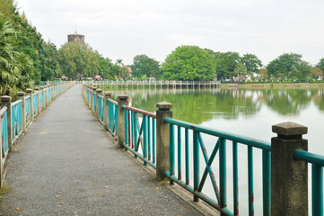 Fototapeta premium Long bridge beside lake with pine tree big tree in public park