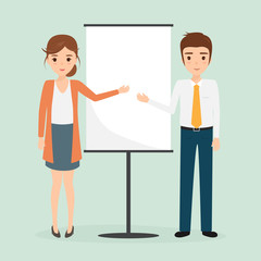 business woman and business man presenting with a white board. 