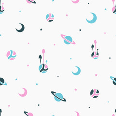 Cute seamless pattern with planets and stars.