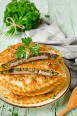 Meat with mushrooms and herbs baked in pastry