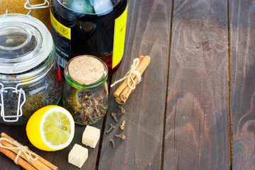 Ingredients for grog with black tea and rum, copy space