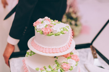 Wedding ceremony. Bride and groom cutting cake.