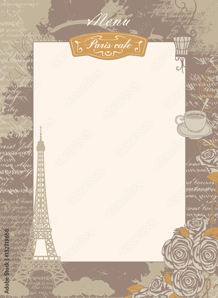 Poster menu list with a place for inscription to the eiffel tower and roses