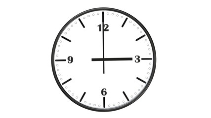 Round wall clock showing three o'clock - isolated on white background