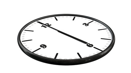 Round wall clock showing six o'clock - isolated on white background