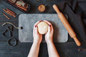 Female hands holding the ball of dough for pastry
