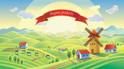 Rural landscape with a mill and a ribbon with the inscription. © Rustic