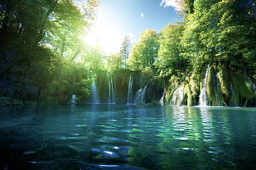 Fototapeta na wymiar Waterfall in forest, Plitvice, Croatia