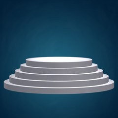 Round stage blank podium for award ceremony. 3D render illustration pedestal on blue background