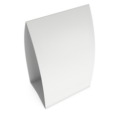Blank paper tent card. 3d render illustration isolated. Table card mock up on white background.