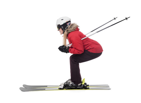 Attractive girl skier on white background.