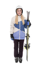 Attractive girl skier on white background.