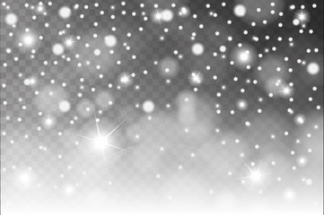 Abstract shiny white snow, sparcles and flares effect pattern isolated on transparent background. Vector illustration