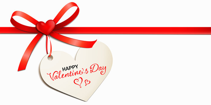 Red bow with heart-shaped tag and typography - Happy Valentine's Day