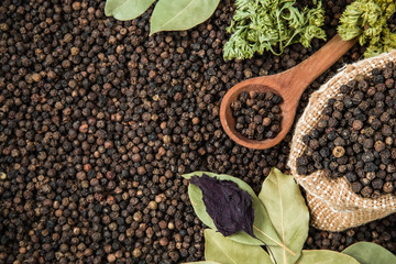 Black pepper grain in the burlap bag on the pepper background with dried bay leaves, purple basil leaf and parsley. Composition of seasoning. Healthy eating and lifestyle.