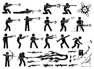 Man attacks with various weapons that includes sniper rifle, RPG, bazooka, M16 machine gun, shotgun, grenade launcher, chain machine gun, pistol, hand grenade, flash bomb, arrow bow, and flamethrower.