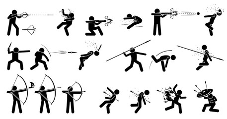 Man using medieval war hand held ranged weapons. Ancient weapons are crossbow, hand cannon, dagger, spear, fire arrow, long and short bow. It also shows the victim being killed by the weapons.