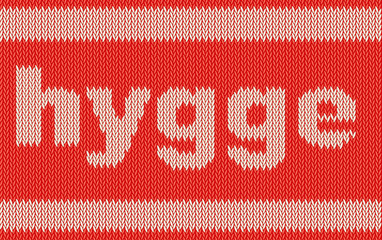 Word HYGGE on Word HYGGE on knitting texture. Pleasure and comfort symbol. Vector Illustration isolated on white background.