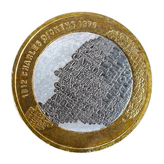 Charles Dickens UK two pound coin isolated on white