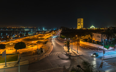 The Hassan Tower and Mausoleum of Mohammed V at night. Rabat, Morocco
