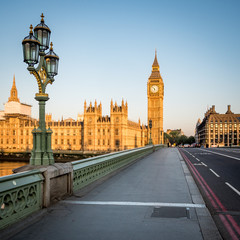 Big Ben and the Palace of Westminster. Low angle view of the famous clock tower London landmark in...