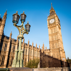Big Ben and the Palace of Westminster. Low angle view of the famous clock tower London landmark in...