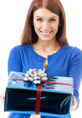 smiling woman with gift, isolated