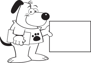 Black and white illustration of a dog holding a book and a sign.
