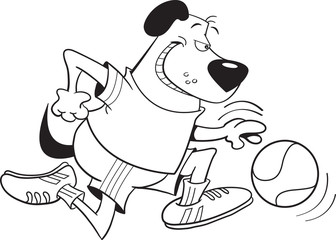 Black and white illustration of a dog playing basketball.