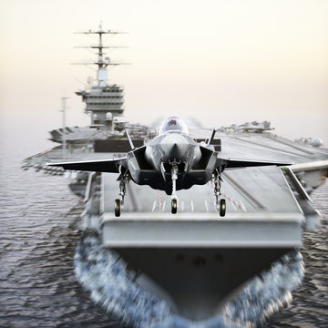 Carrier Jet Takeoff . Advanced Aircraft Jet Taking Off From A Navy Aircraft Carrier. 3d Rendering