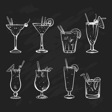 Hand drawn sketch big set of alcoholic cocktails. Vector illustr