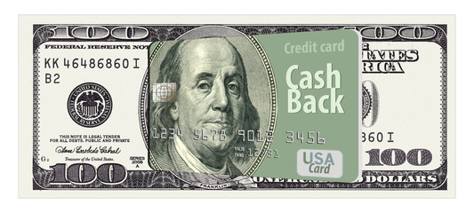 Cash Back Card. Ben Franklin from a one-hundred dollar bill decorates this mock, generic credit...