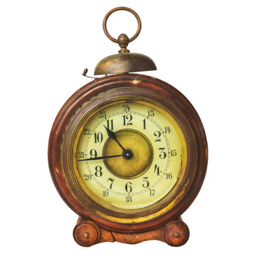 Ancient wooden alarm clock with bell