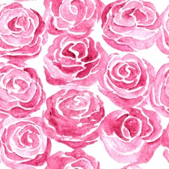 Cute repeating pattern with watercolor hand drawn pink flowers, roses or peonies, on white background. Vector illustration.