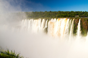 Iguazu (Iguacu) falls, largest series of waterfalls on the planet, located between Brazil, Argentina, and Paraguay with up to 275 separate waterfalls cascading along 2,700 meters (1.6 miles) cliffs.