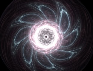 Naklejka premium Particles of abstract fractal forms on the subject of nuclear physics science and graphic design. Geometry sacred futuristic