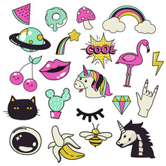 Trendy hand draw patch badges, stickers set.