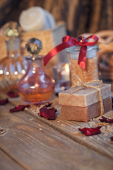 Composition of spa treatment. Natural handmade soap and sea salt