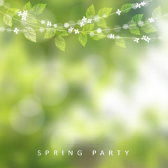 Naklejka premium Spring greeting card, invitation. String of lights, leaves and cherry blossoms. Modern blurred background, garden party decoration.