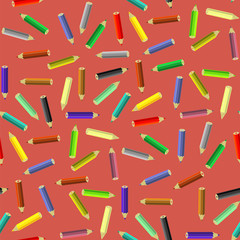 Colorful Pencils Isolated on Red Background. Colored Pen Seamless Pattern