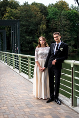 happy bride and groom at a park on their wedding day