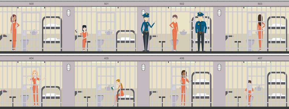 Woman in jail in orange uniform illustration set. Prison interior with bed, table and toilet. Police officers and prison cells.