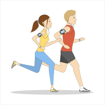 Isolated jogging couple on white background. Young and athletic man and woman with tracker. Healthy lifestyle.